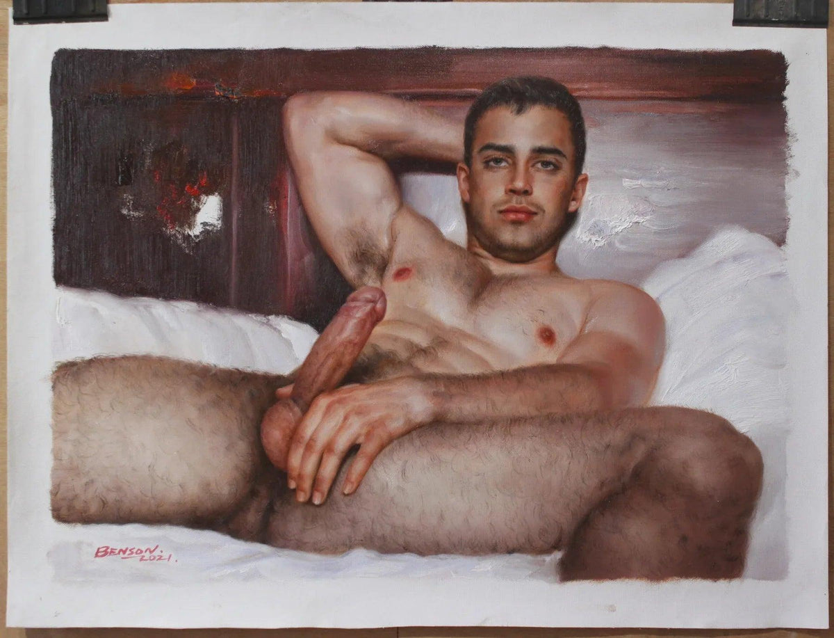 art-érotique-gay-sexe-peinture-huile sur toile-originale-homme-nu en action - Kikooyou Art Gallery