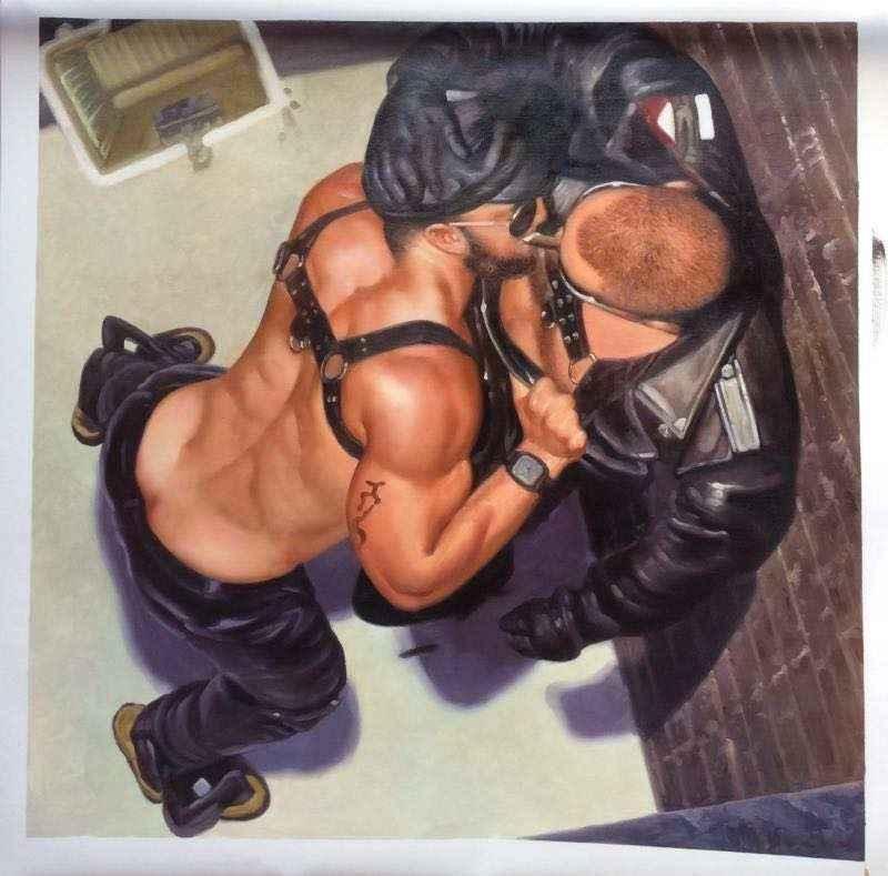 L'attraction est magnétique scène érotique entre hommes gay SM vêtements cuir peinture originale huile sur toile - Kikooyou Art Gallery