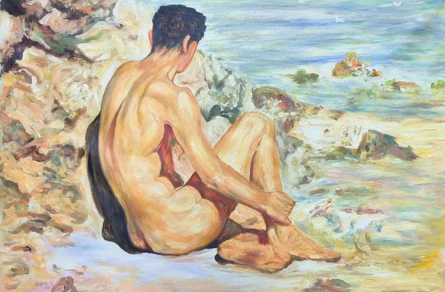 art-érotique-jeune homme-nu-sur la plage-peinture-huile sur toile-d'après Tuke