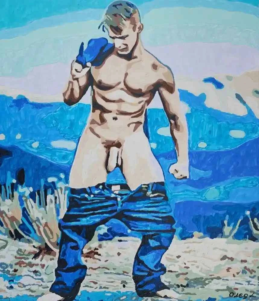 art-érotique-gay-peinture-huile sur toile-originale-homme-nu-intégrale