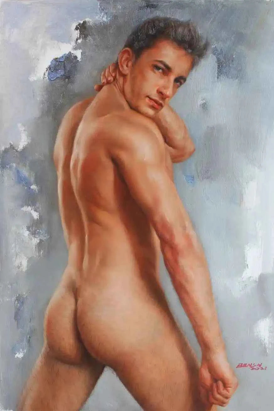 art-érotique-gay-peinture-huile sur toile-originale-homme-nu-intégrale