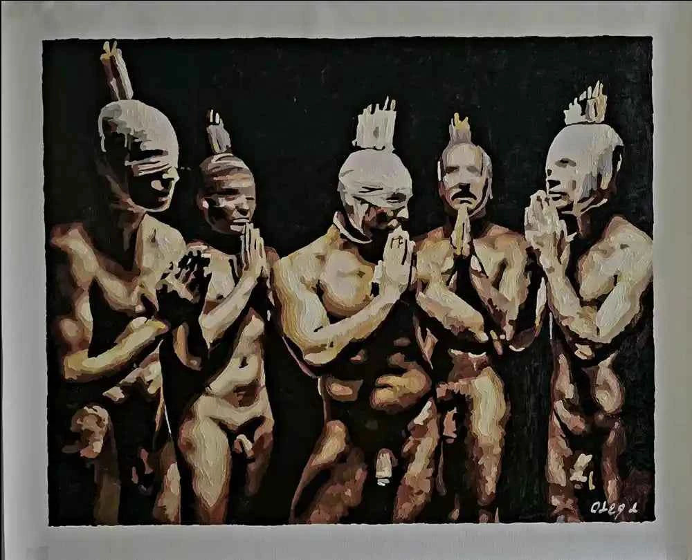 UNIS EN CONTEMPLATION Figure Hommes Nus Peinture Huile Acrylique sur Toile