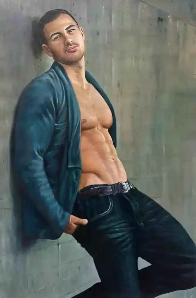 art-érotique-gay-peinture-huile sur toile-originale-homme-torse nu-intégrale