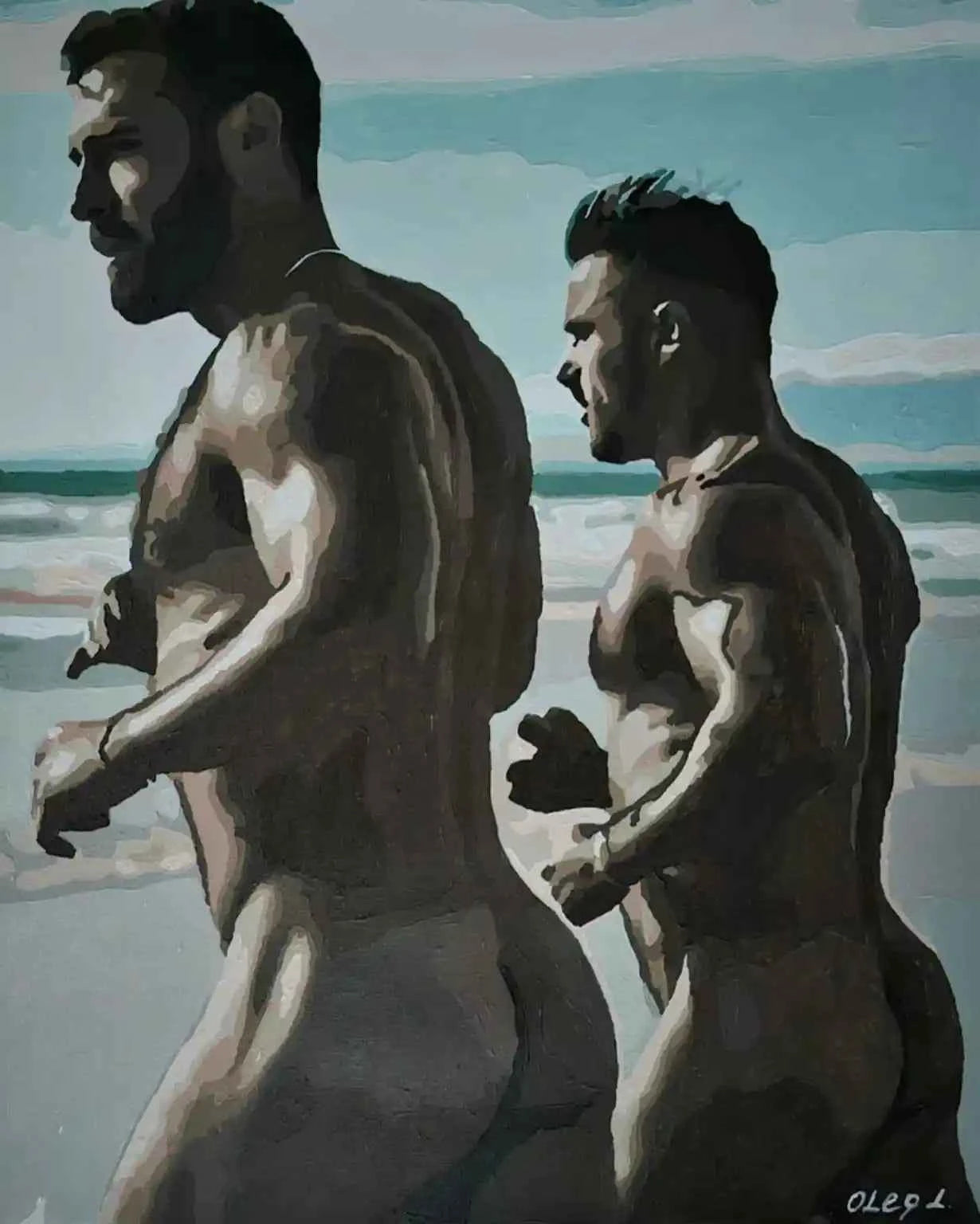 art- scène-hommes-gay-nus-courant-sur la plage-peinture-érotique-originale-huile sur toile