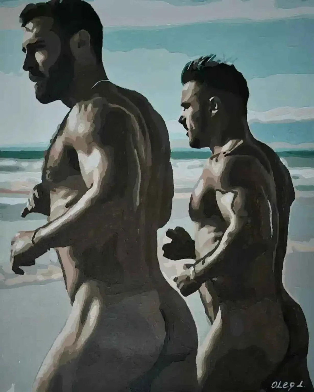art- scène-hommes-gay-nus-courant-sur la plage-peinture-érotique-originale-huile sur toile - Kikooyou Art Gallery