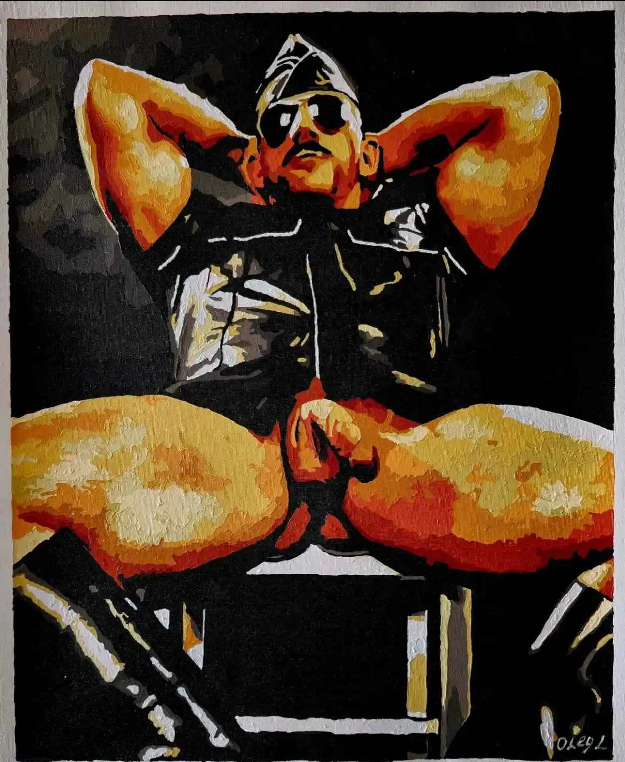 art-érotique-peinture-huile sur toile-gay-SM-homme-nu-cuir