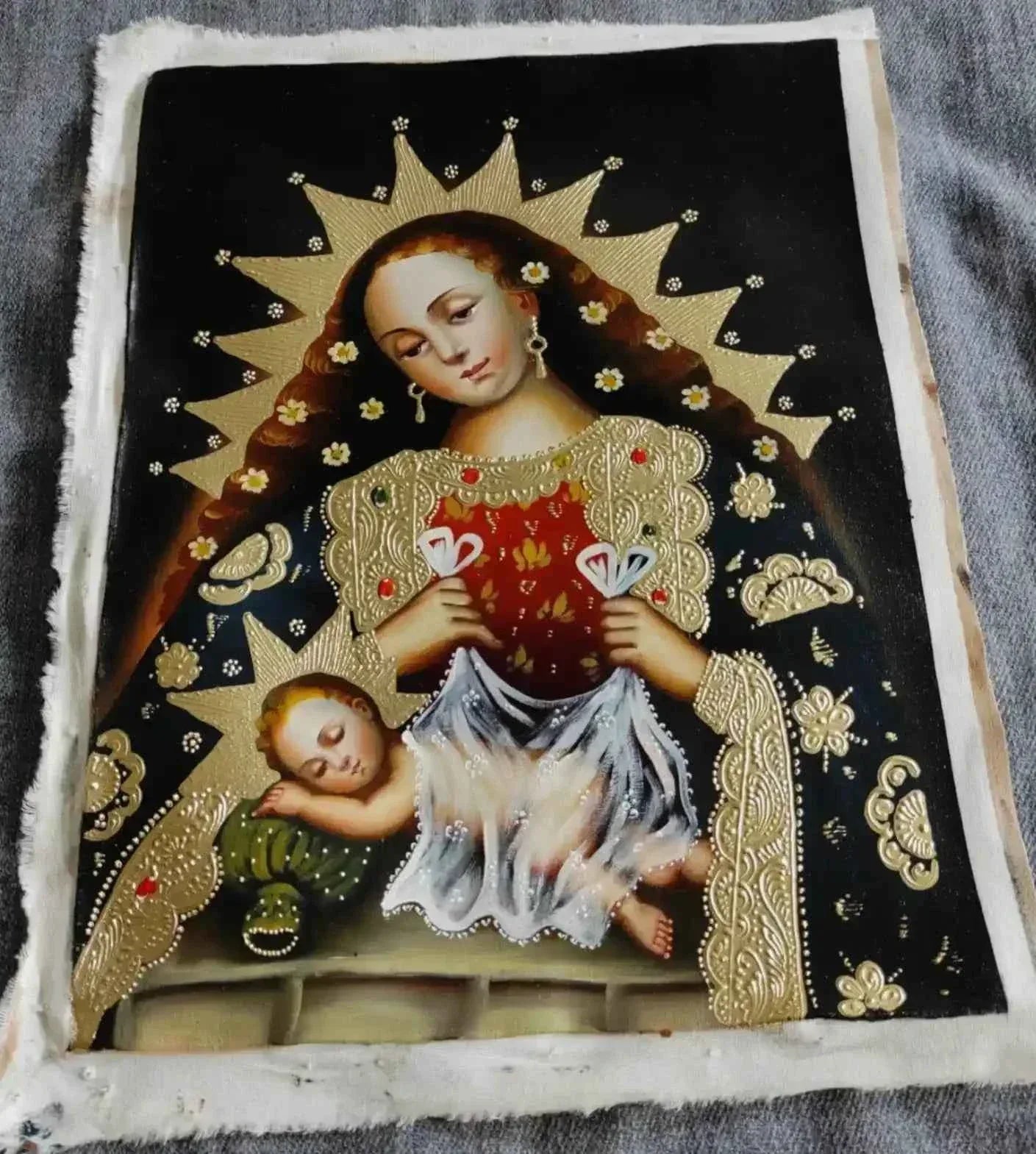 Vierge à l'Enfant, Tableau Cuzco, Peinture à l'huile originale, Art catholique, fait main - Kikooyou Art Gallery