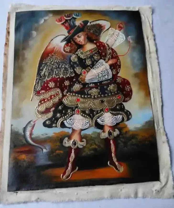 Archange St Raphaël, tableau école Cuzco, peinture à l'huile originale, peint à la main - Kikooyou Art Gallery