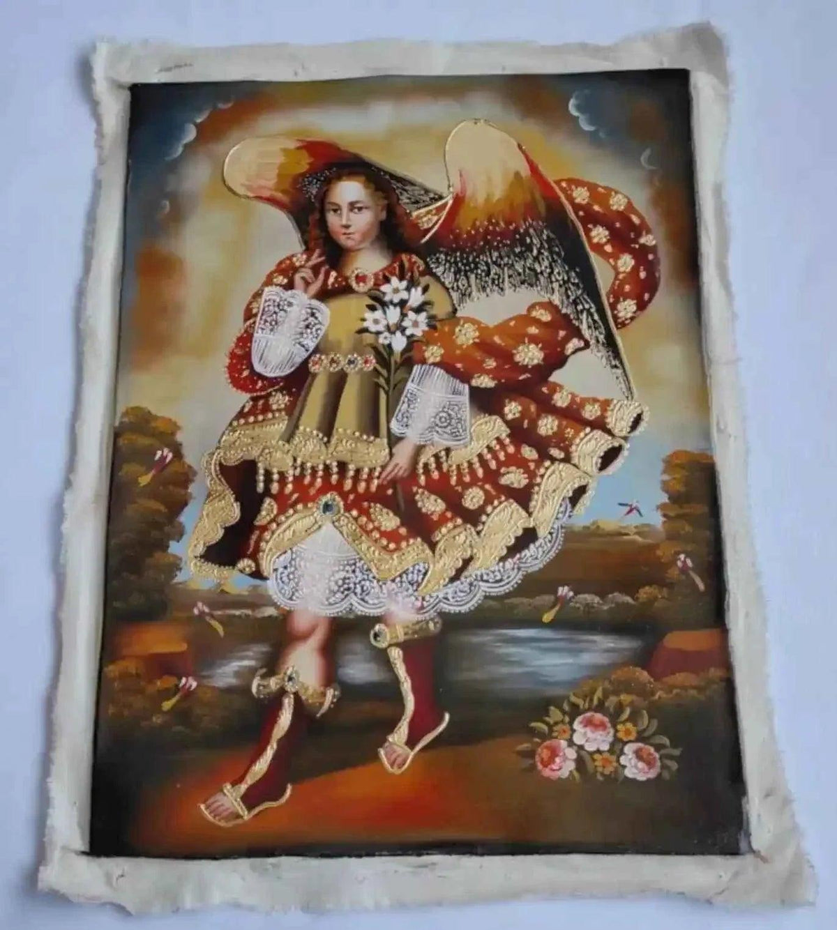 Archange Saint Gabriel, tableau Cuzco, peinture à l'huile originale, art peint à la main - Kikooyou Art Gallery