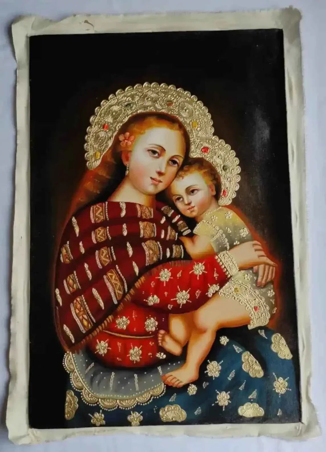 Vierge à l'Enfant, art catholique, école de Cuzco, peinture originale, peinte à la main - Kikooyou Art Gallery