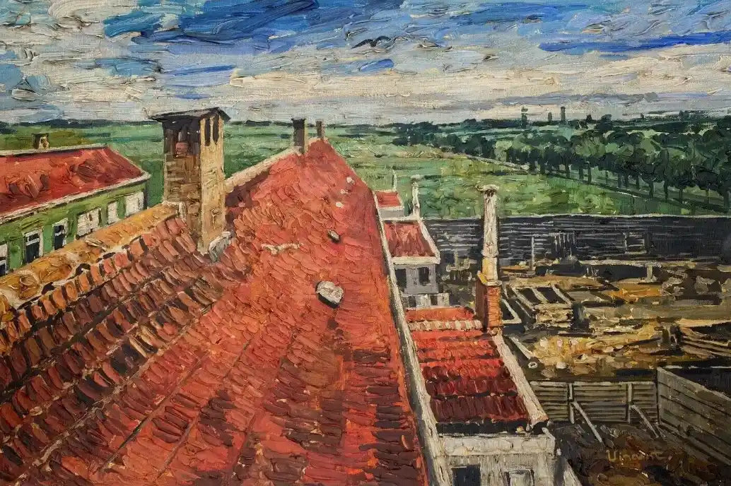 art-paysage-campagne-vue-toit-peinture-huile-toile