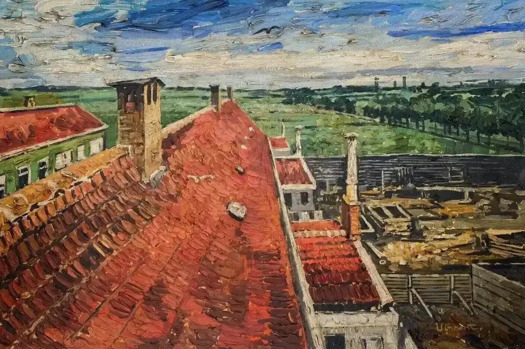 art-paysage-campagne-vue-toit-peinture-huile-toile - Kikooyou Art Gallery