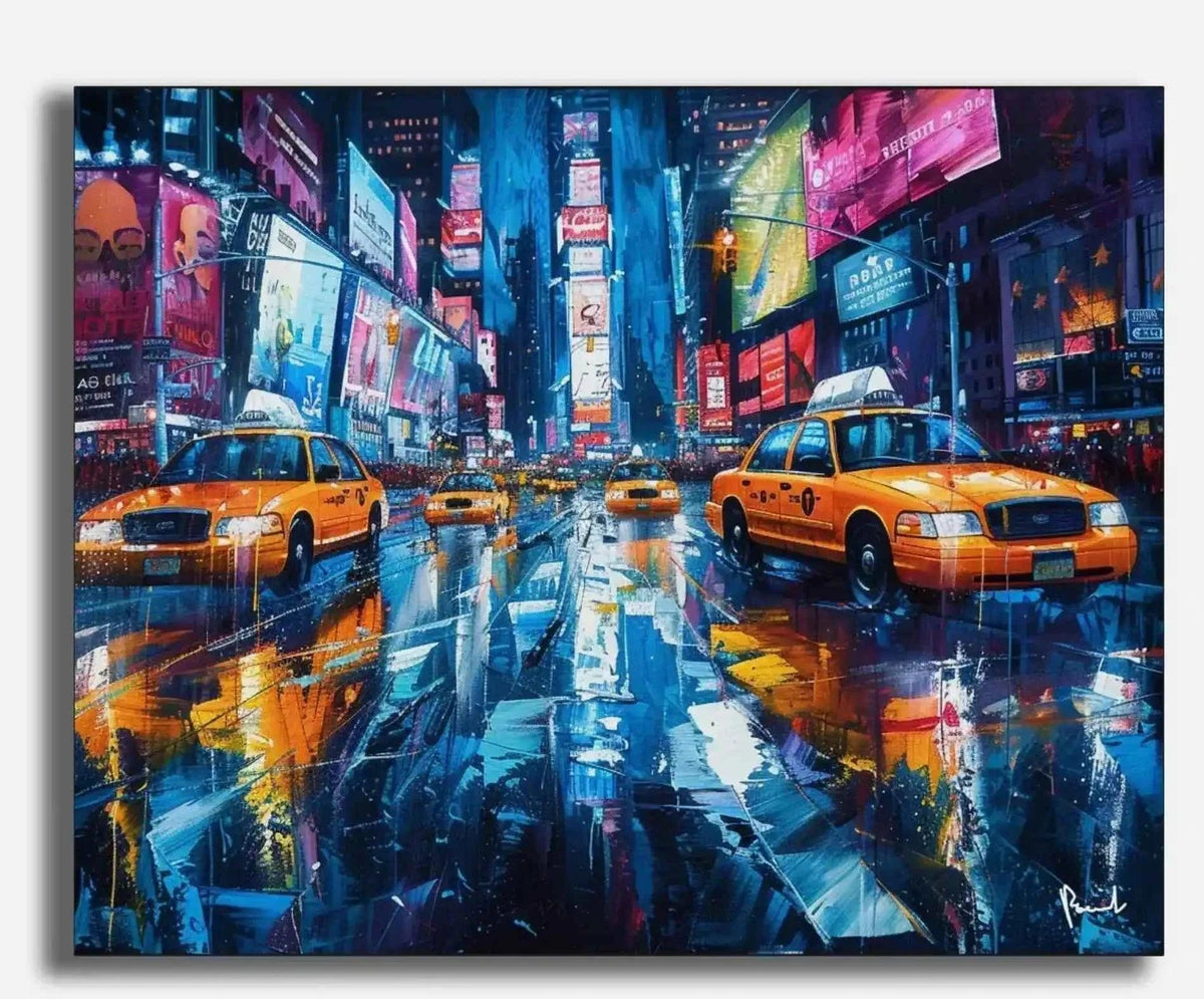 art-moderne-city-rue-voitures-taxis-jaunes-peinture-huile sur toile - Kikooyou Art Gallery