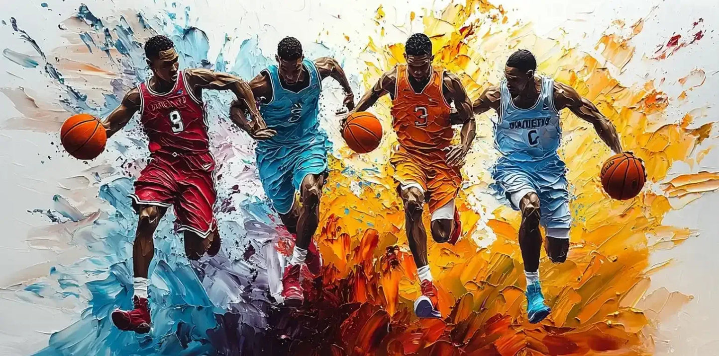 art-moderne-personnage-course-joueus-hommes-basketball-peinture-huile-toile - Kikooyou Art Gallery