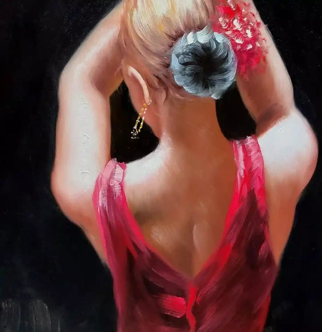 art-scène-vie-danseuse-ardente-blonde-flamenco-peinture-huile-toile