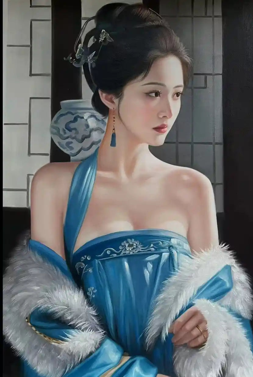art -portrait-féminin-femme-asiatique-bleu-séduisante-elegante-peinture-huile sur toile