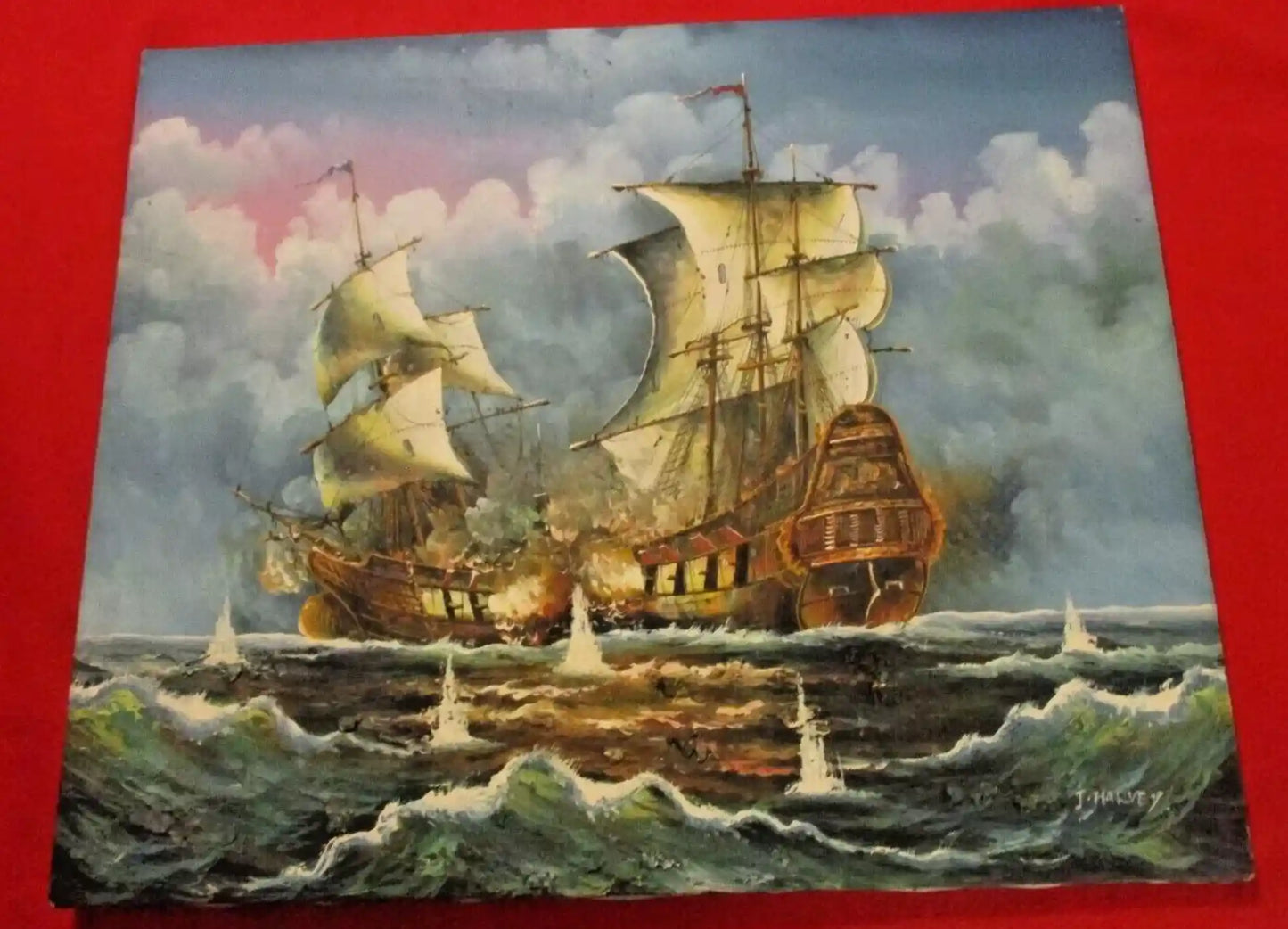 art-peinture-tableau-scene-bataille-navale-bateaux-voiliers-galion-huile-toile-originale