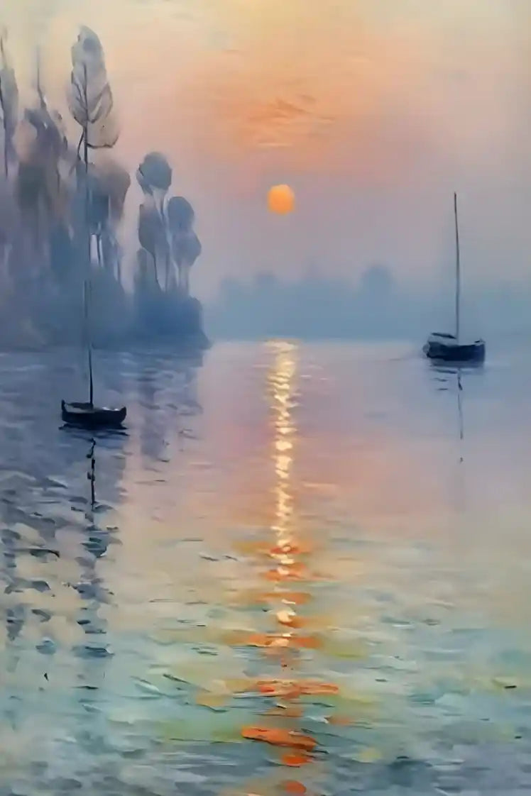 art-peinture-tableau-paysage-marin-bateaux-soleil-levant-huile-toile