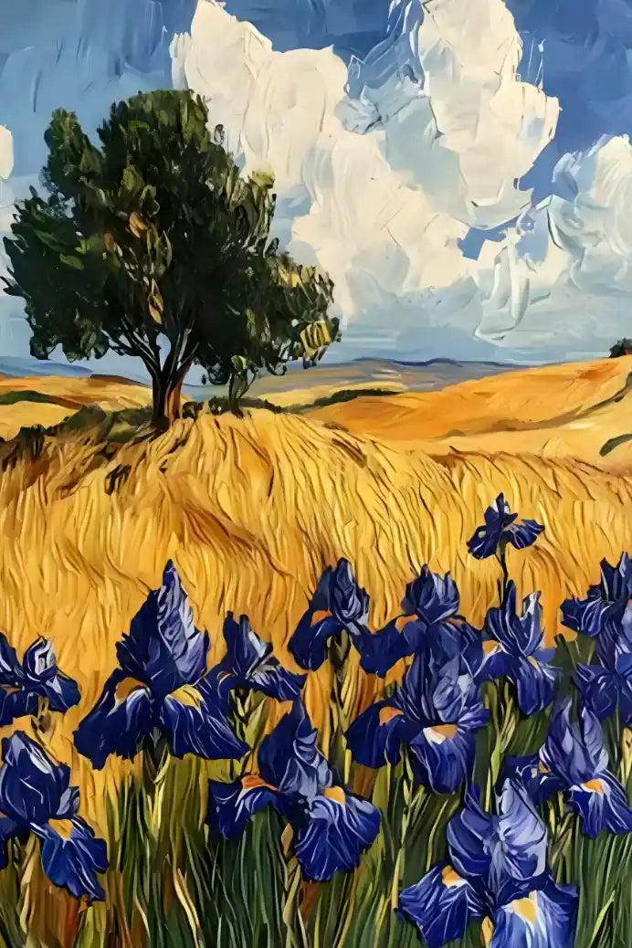 art-peinture-tableau-paysage-campagne-iris-soleil-huile-toile