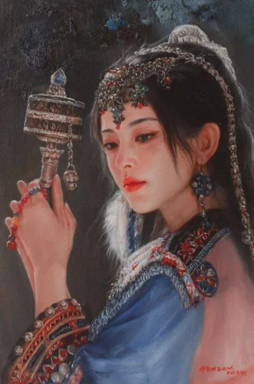 art -portrait-féminin-femme-beauté-asiatique-moulin-prières-tibet-peinture-huile sur toile - Kikooyou Art Gallery