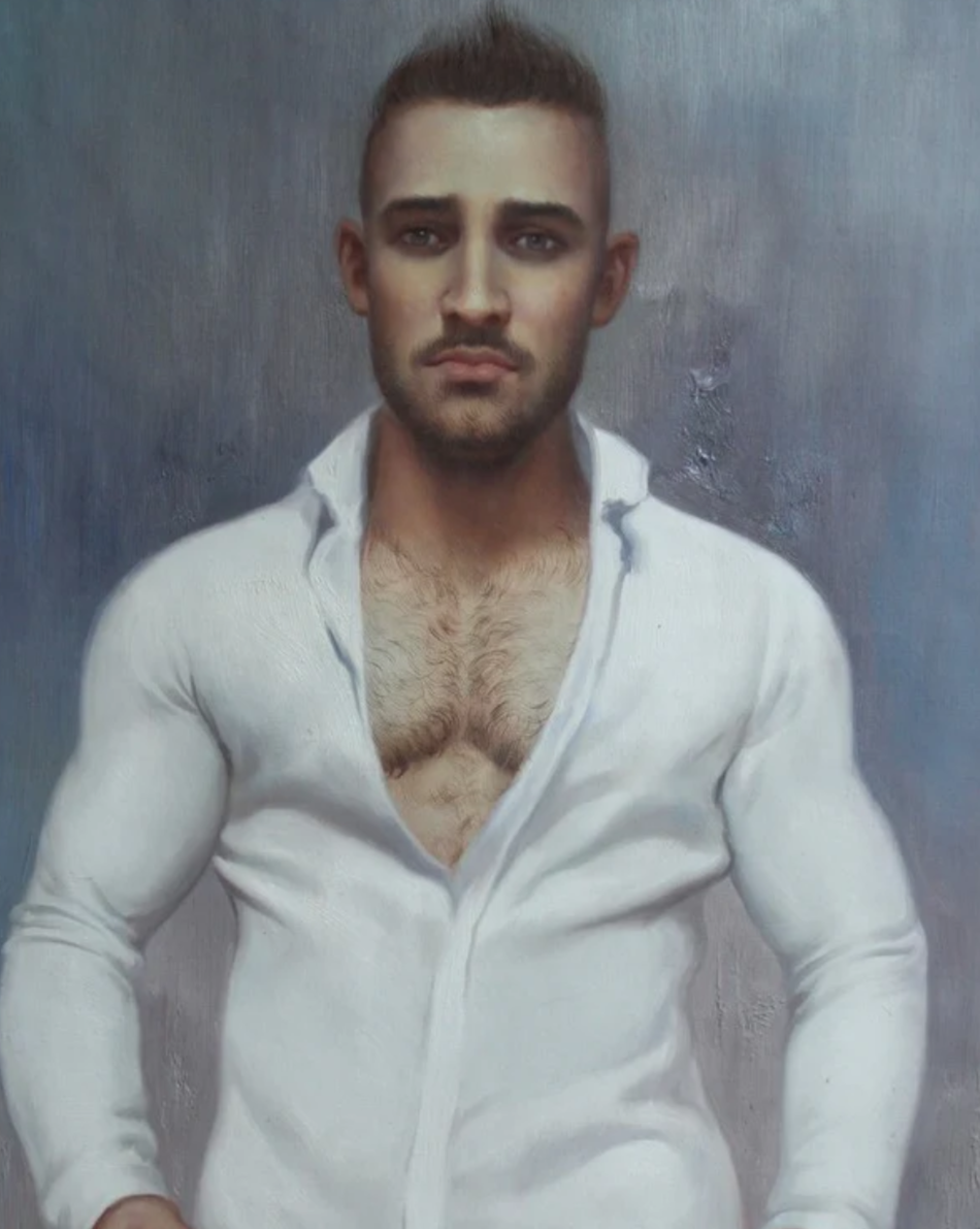 art-decoration-tableau-peinture-huile-toile-portrait-masculin-male-homme-chemise-nu-bien monté-sexe
