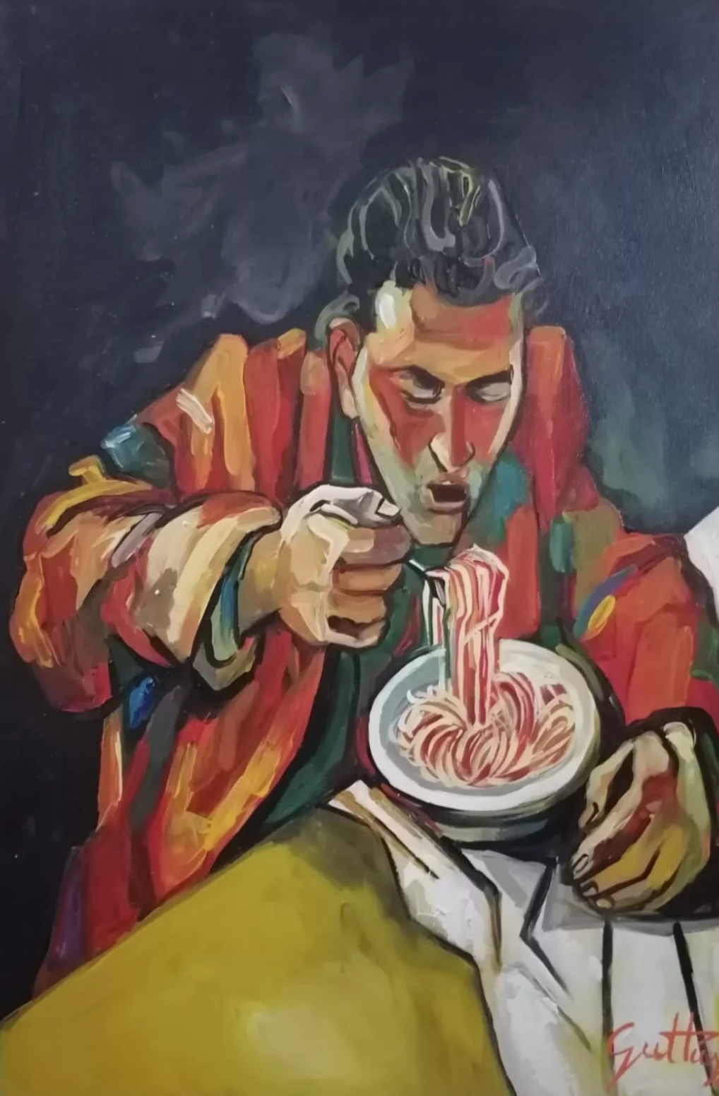 art-decoration-tableau-peinture-huile-toile-scene-vie-portrait-home-mange-spaghettis