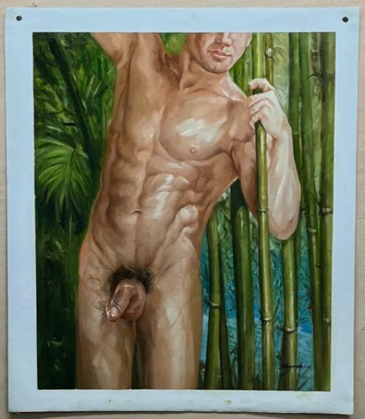 art-decoration-tableau-peinture-huile-toile-portrait-masculin-viril-homme-nu-gros sexe