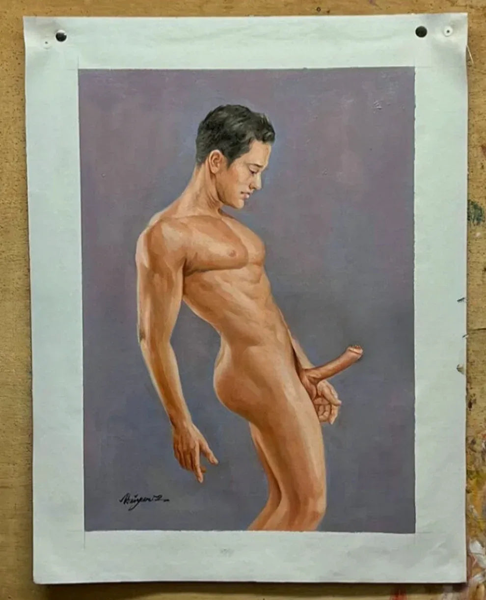 art-decoration-tableau-peinture-huile-toile-portrait-erotique-homme-nu-integrale-sexe-erection - Kikooyou Art Gallery
