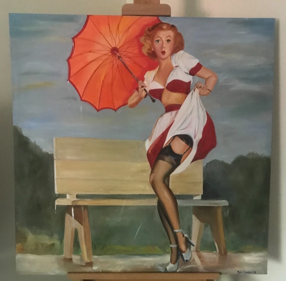 Grand tableau huile sur toile représentant une femme sexy près d'un banc de parc 100cm x 100cm