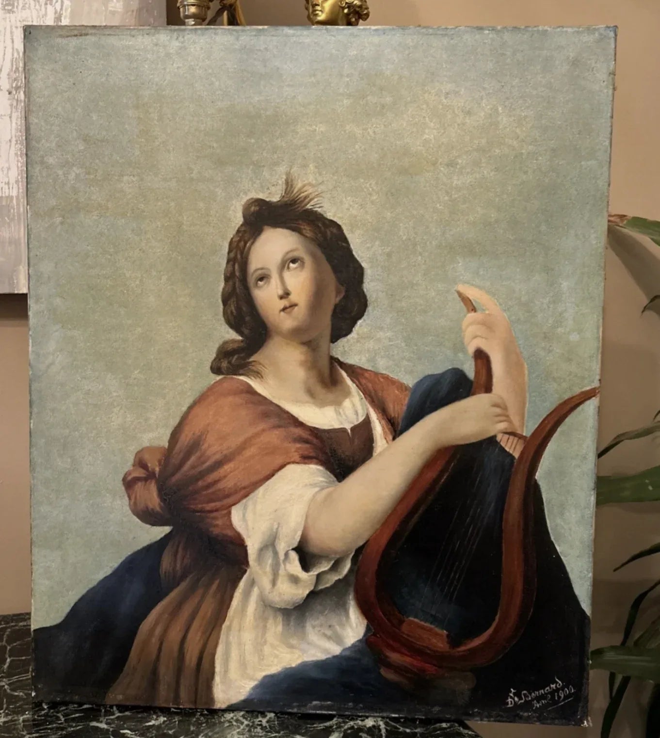 Peinture Ancienne Représentant Une Femme À La Lyre, XIX Eme, Huile Sur Toile - Kikooyou Art Gallery