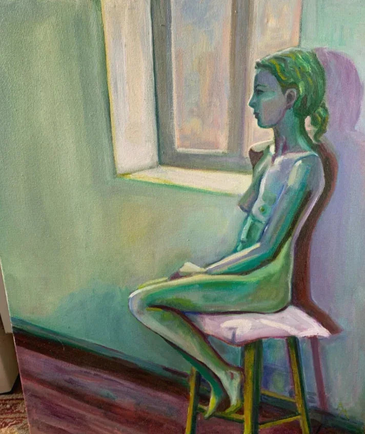 art erotique peinture huile sur toile femme nue sur chaise devant la fenetre - Kikooyou Art Gallery