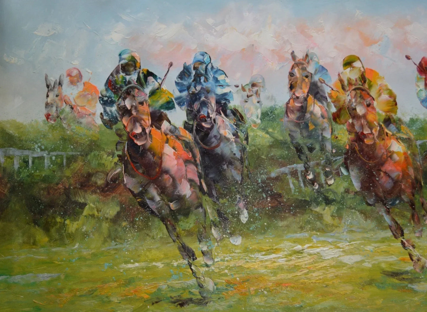 Tableau ancien huile original courses de chevaux derby jockey sur toile impressionniste - Kikooyou Art Gallery