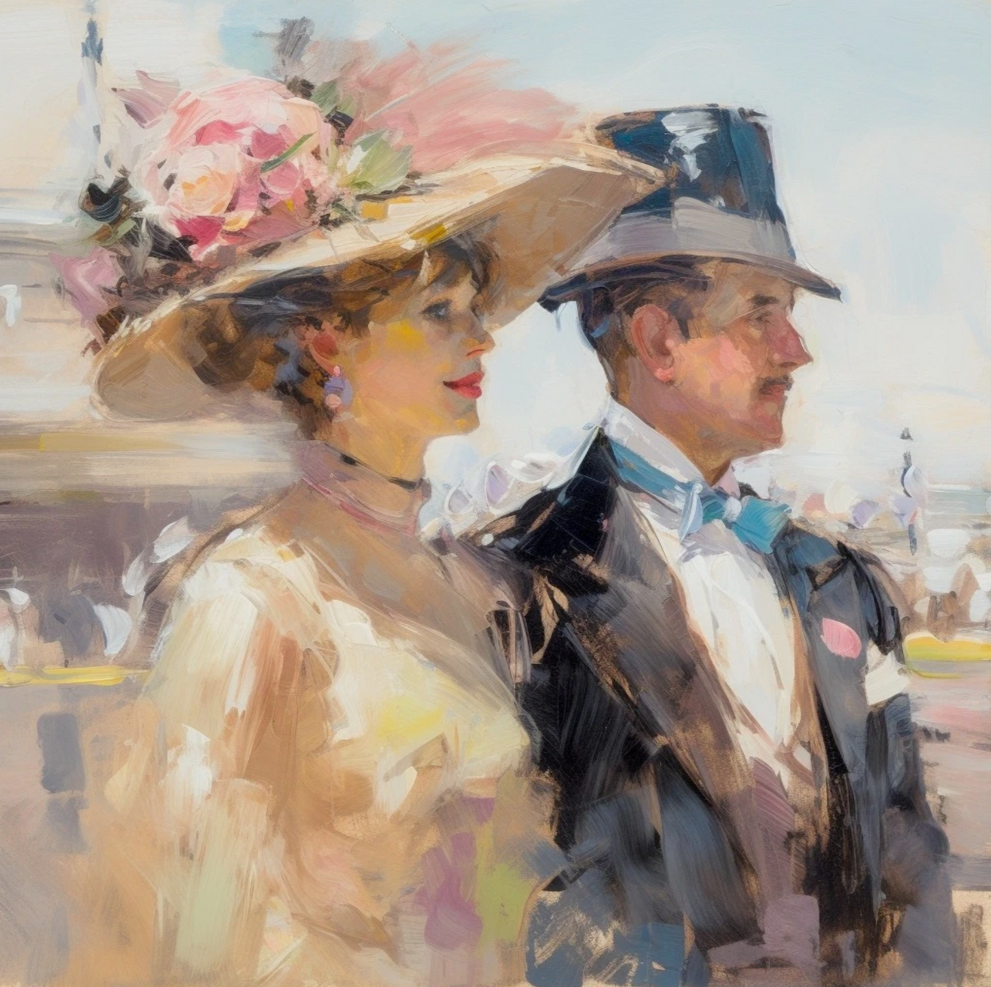 Week-end à Llandudno – Élégant couple 1900 – Acrylique 100x100cm - Kikooyou Art Gallery
