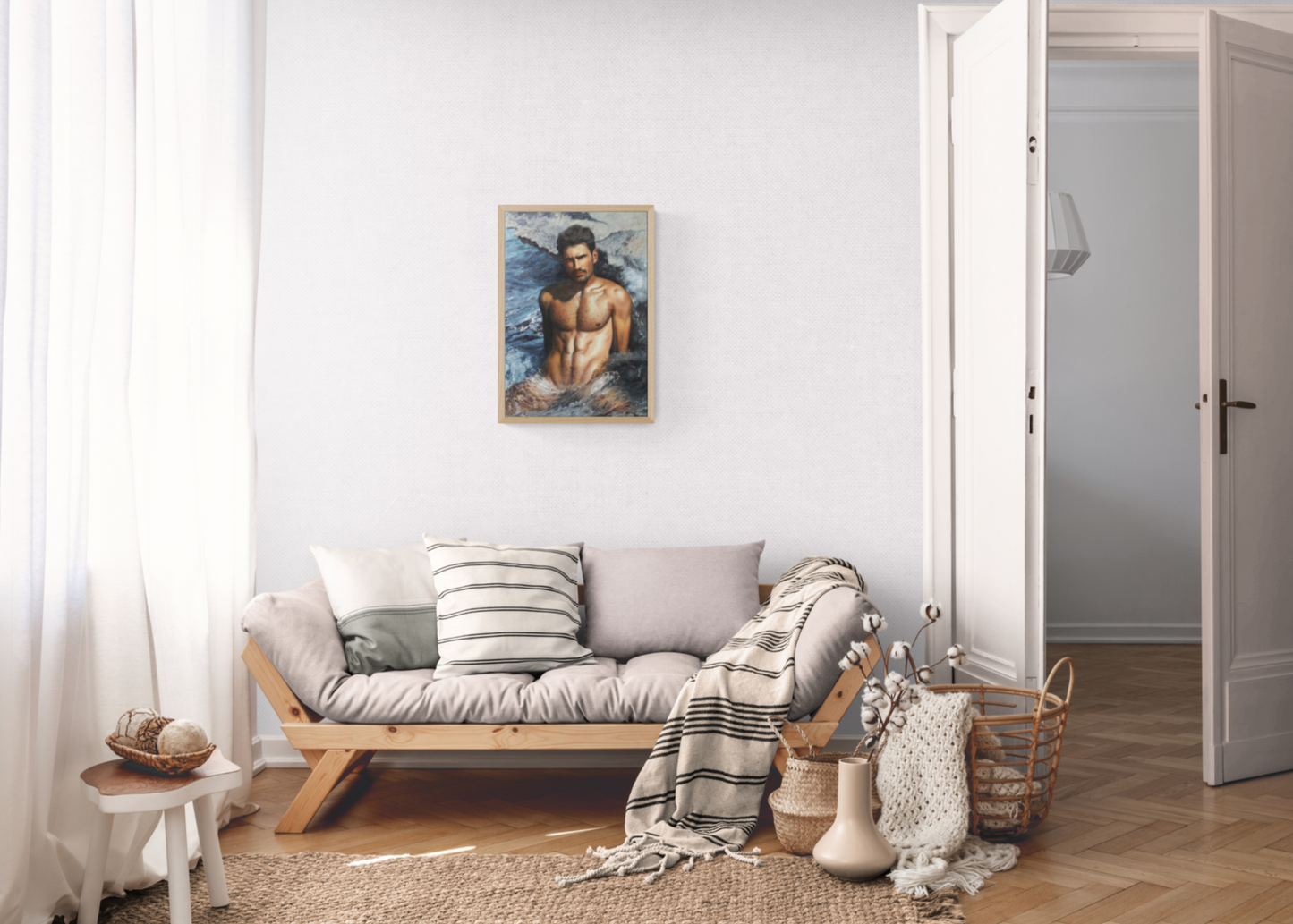 erotic art portrait of shirtless man original oil painting on canvas signed