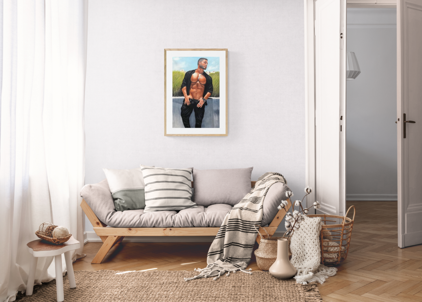 erotic art portrait of shirtless man original oil painting on canvas signed