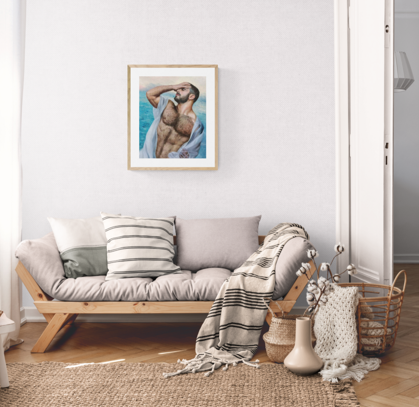 art érotique homme torse nu en chemise ouverte à la plage - peinture huile sur toile signée