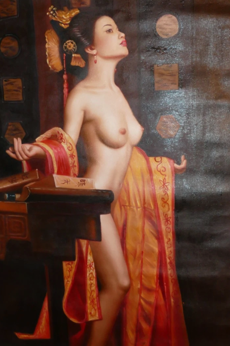 art-erotique-femme-asiatique nue-intégrale-belle-poitrine-peinture-huile-sur-toile-originale