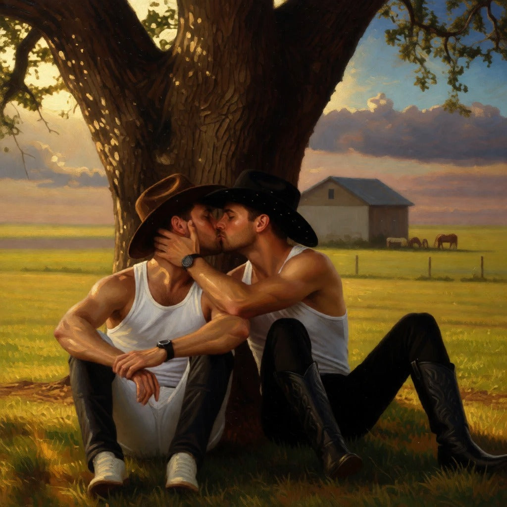 peinture huile sur toile faite SUR COMMANDE - PORTRAIT GAY LOVERS COWBOYS
