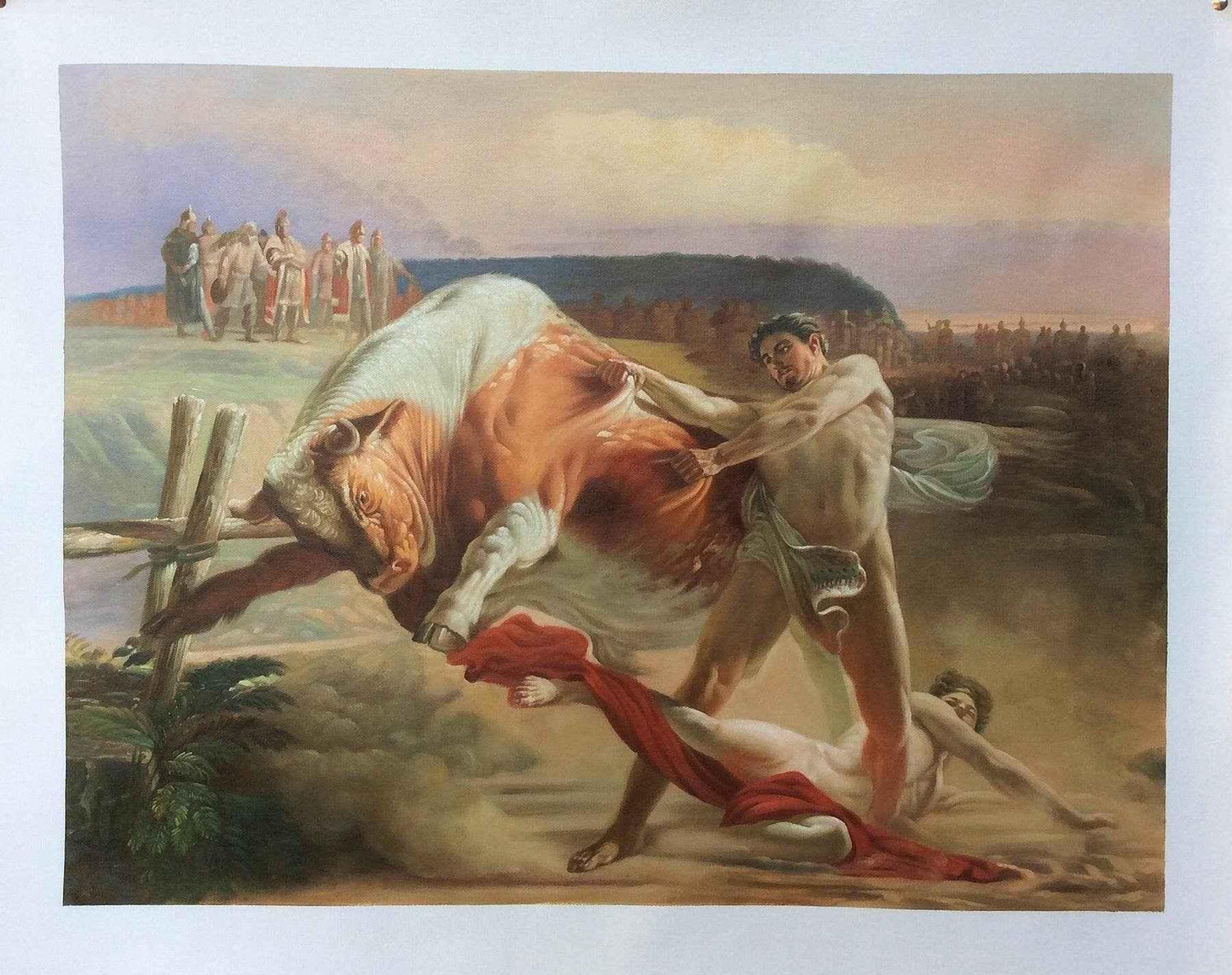 Personnage homme nu taureau huile sur toile signée – Œuvre d'art unique à découvrir - Kikooyou Art Gallery