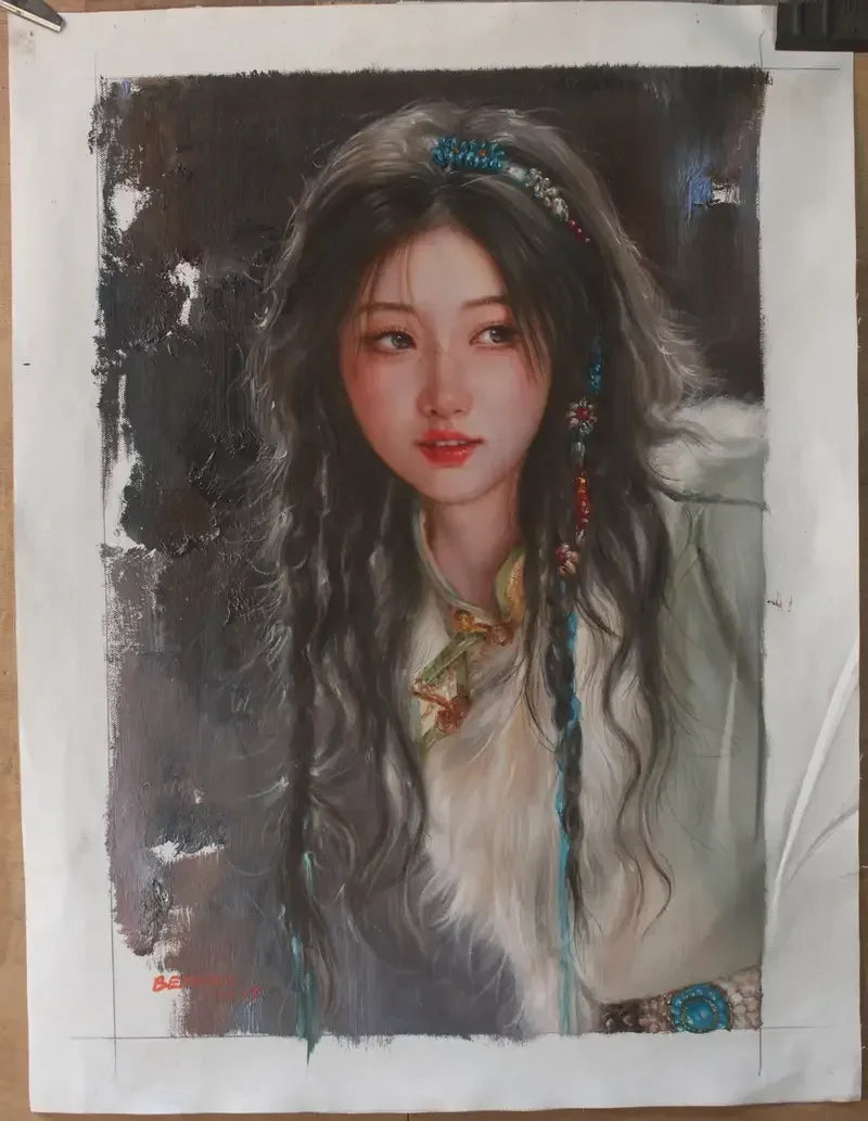 Portrait d'une jeune fille tibétaine avec une grande tresse tableau peinture huile sur toile signée - Kikooyou Art Gallery