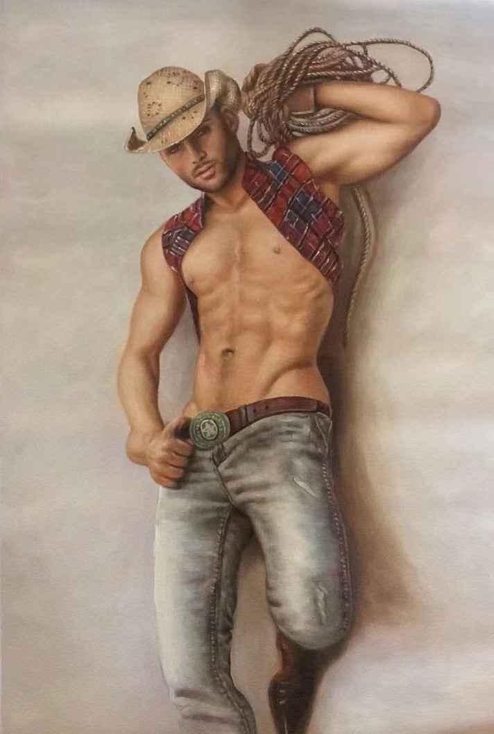 Portrait érotique homme cowboy torse nu en huile sur toile signée - Kikooyou Art Gallery