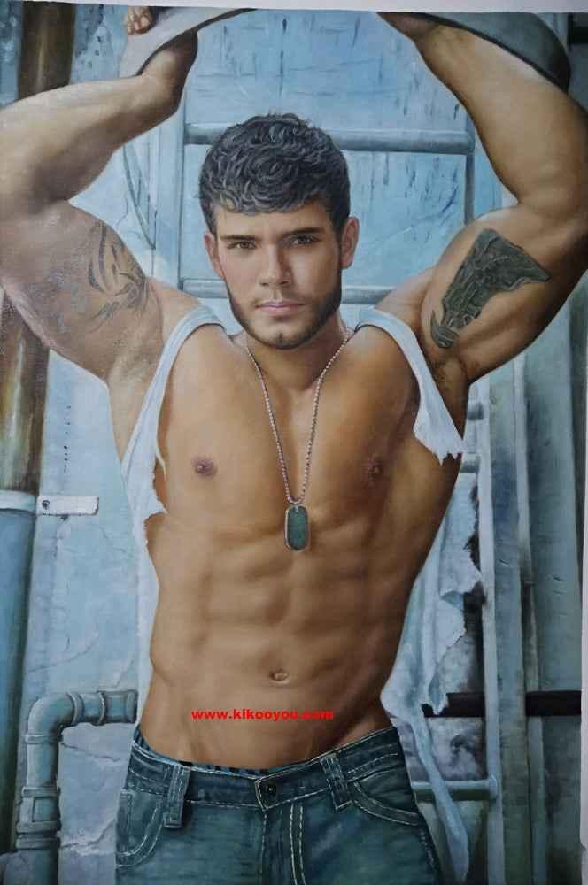 art-decoration-tableau-peinture-huile-toile-portrait-sexy-masculin-male-homme-torse-nu-musclé - Kikooyou Art Gallery