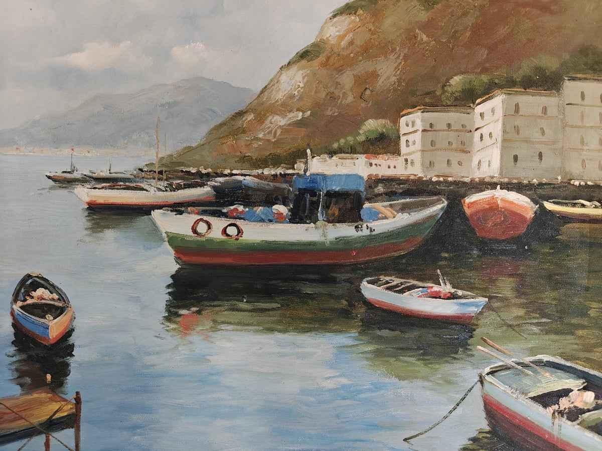 paysage marin port bateaux de peche tableau peinture huile sur toile / oil painting on canvas seascape harbor fisher boats - Kikooyou Art Gallery