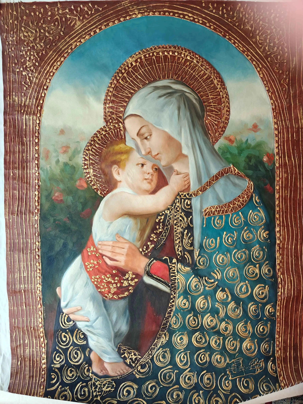 scène-religieuse-mère et enfant-tableau-peinture-huile sur toile-reliefs dorés - Kikooyou Art Gallery