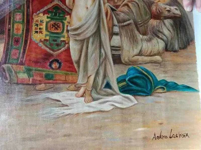 Art Arabe Orientaliste : Tableau Huile Orientaliste d'Esclave Signé pour Passionnés d'Art