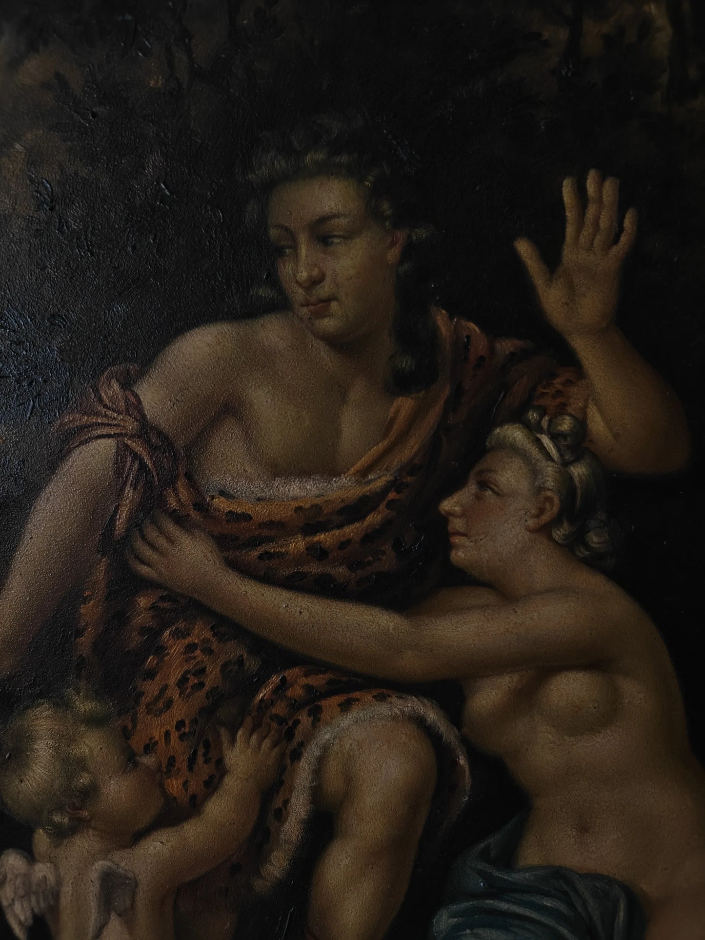 Tableau vintage - scene mytholigique- femme- ange - nu- peinture à l'huile sur panneau bois - Kikooyou Art Gallery