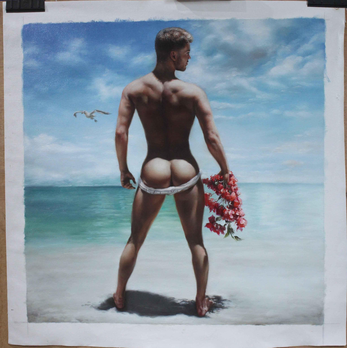 Homme nu sexy à la plage - Peinture à l'huile originale pour un décor élégant et raffiné - Kikooyou Art Gallery
