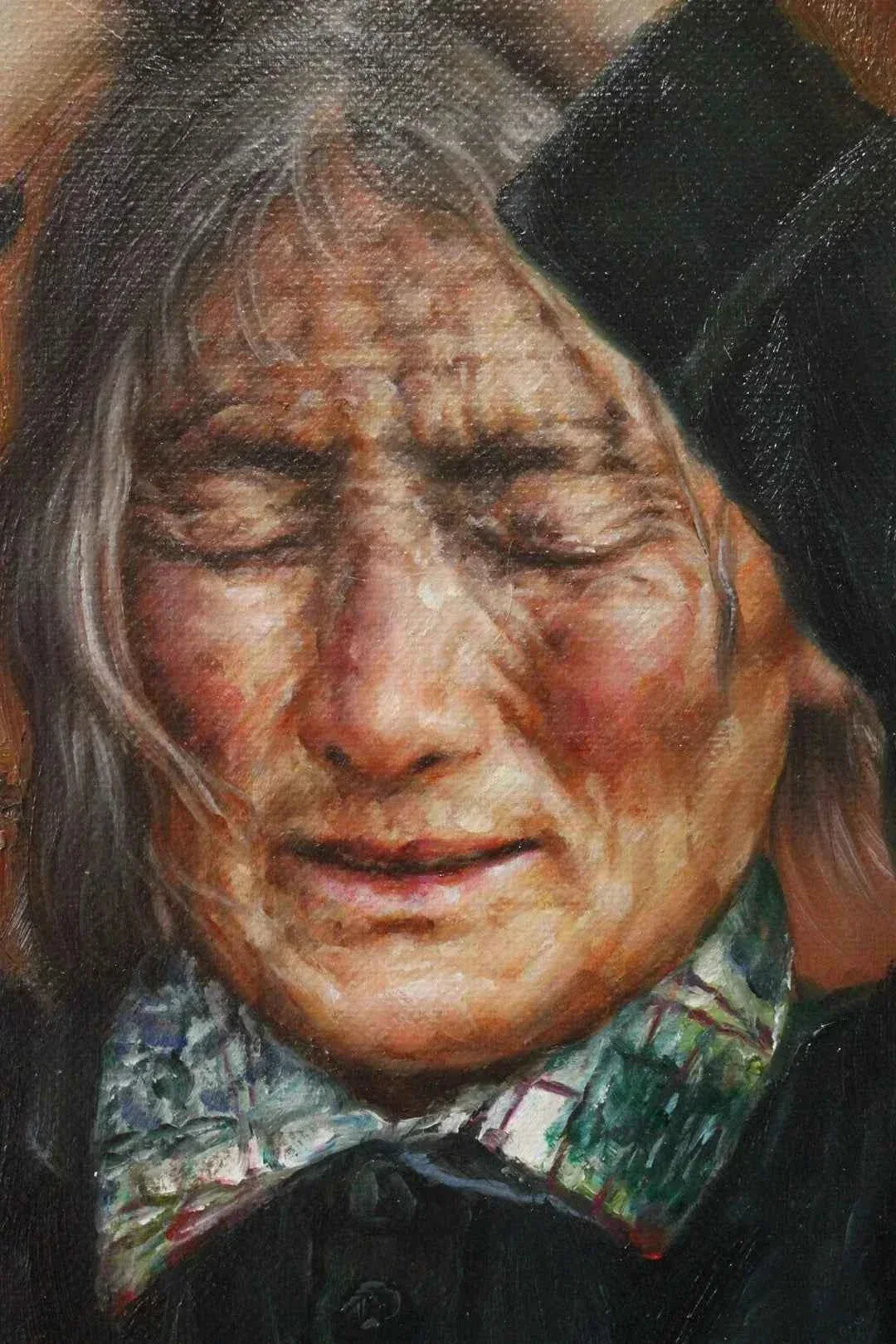Portrait de vieilles femmes tibétaines en prière huile sur toile originale - Kikooyou Art Gallery