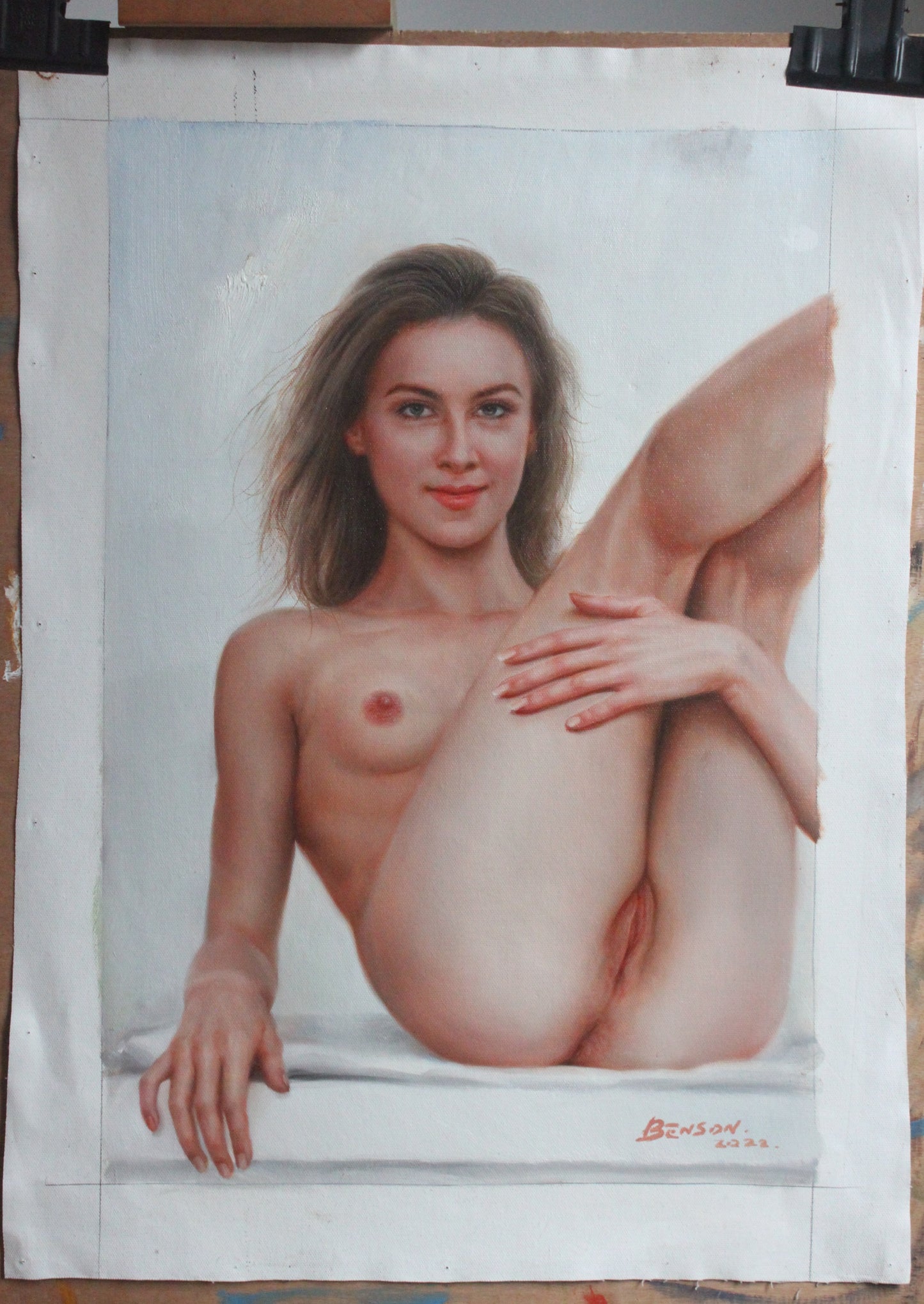 art-moderne-érotique-feminin-peinture-huile sur toile-originale-femme-nue-integrale-sourire