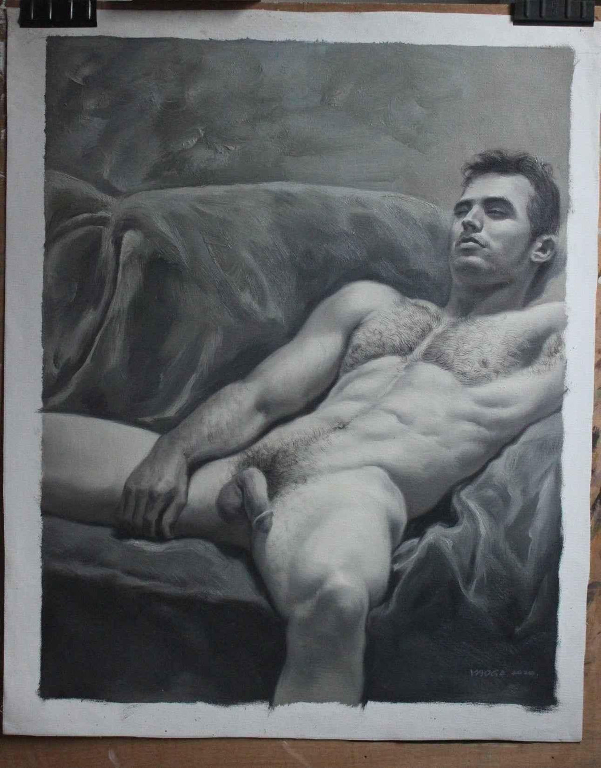 Art peinture originale huile sur toile portrait homme nu noir et blanc - Kikooyou Art Gallery